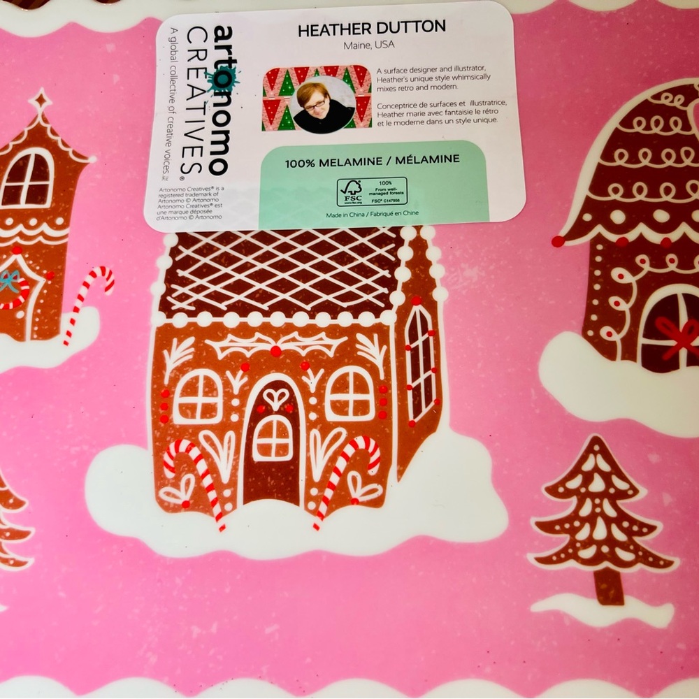 Christmas Pink Gingerbread Village Melamine Serving Tray Whimsical - Picture 8 of 12